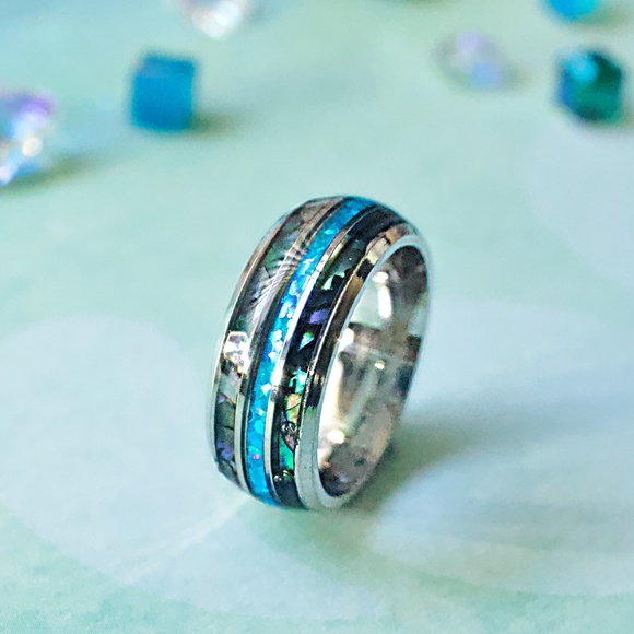 Tungsten Other - Tungsten Carbide Opal & Abalone Shell Ring Size 7